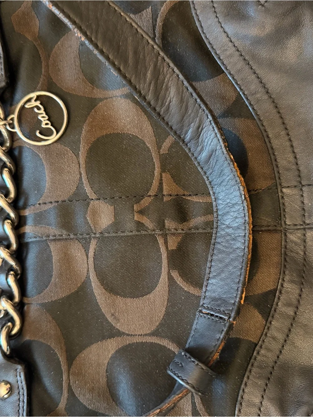Coach Black and Brown Signature Canvas Shoulder Bag with Chain Accent